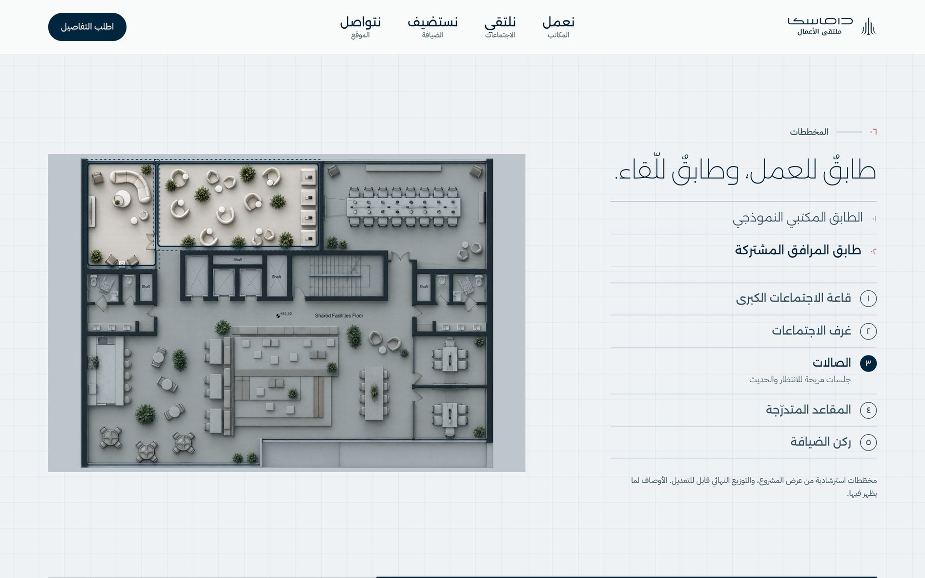 مخطط الطابق المشترك مع قائمة مناطقه وتمييز إحداها