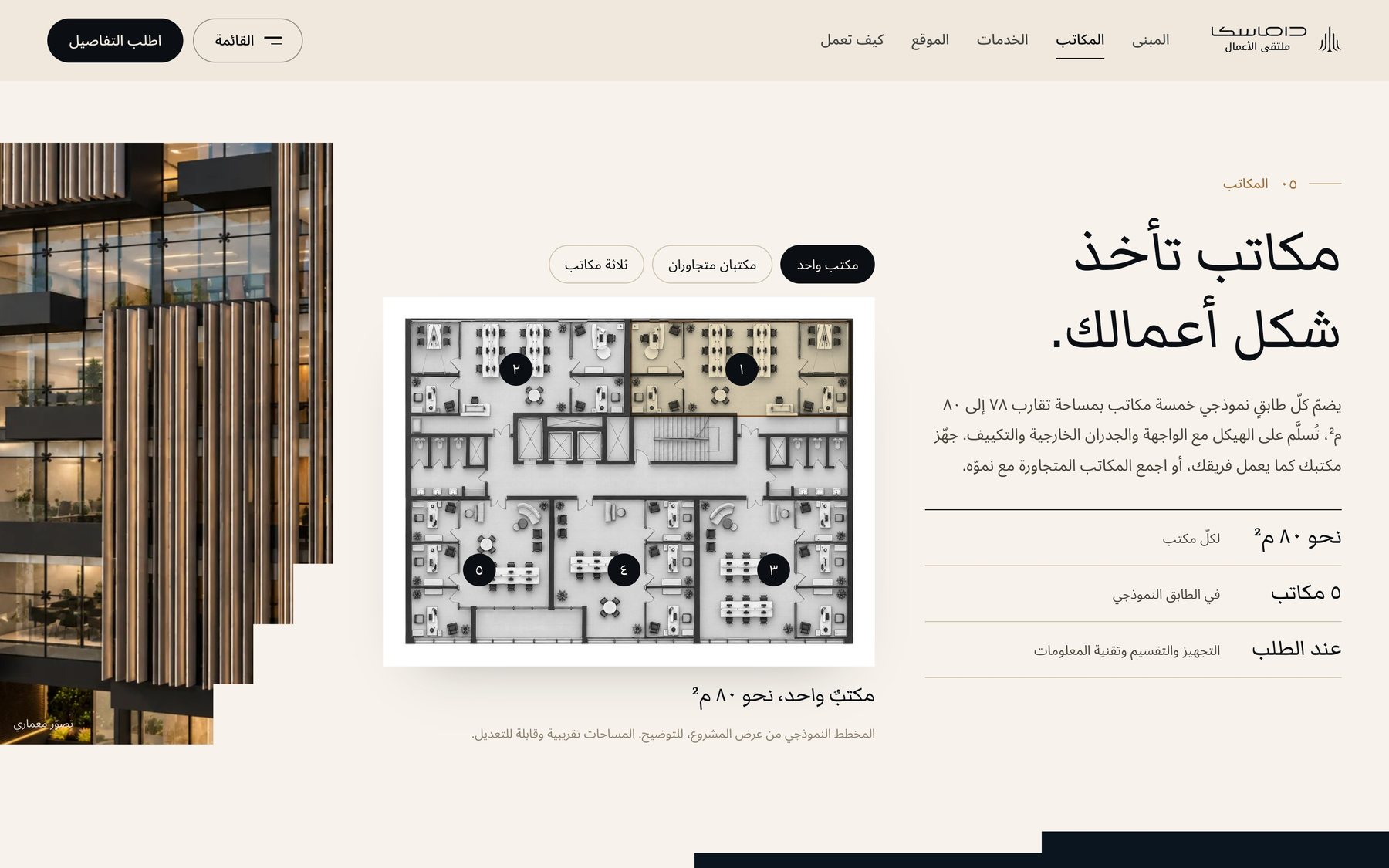 فصل «مكاتب تأخذ شكل أعمالك» مع مخطط الطابق النموذجي وصورة الواجهة